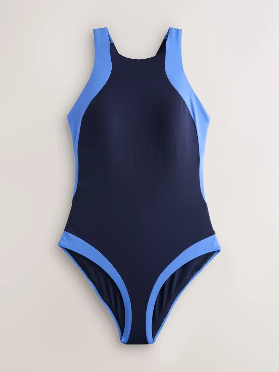 Badkleding|Next - Hoogsluitende halterbadpak met buikcorrectie Marineblauw/blauw