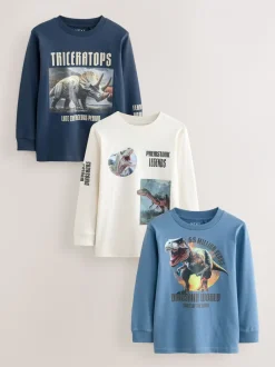 T-Shirts|Tops|Next - Bedrukte T-shirts met lange mouwen verpakking van 3 (3 - 16 jr) Marineblauw/blauw/ecru dinosaurus