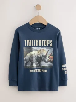 T-Shirts|Tops|Next - Bedrukte T-shirts met lange mouwen verpakking van 3 (3 - 16 jr) Marineblauw/blauw/ecru dinosaurus