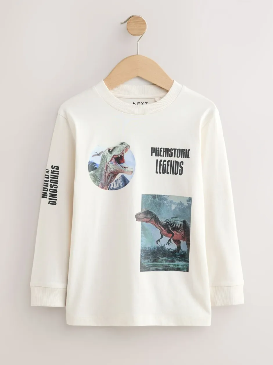 T-Shirts|Tops|Next - Bedrukte T-shirts met lange mouwen verpakking van 3 (3 - 16 jr) Marineblauw/blauw/ecru dinosaurus