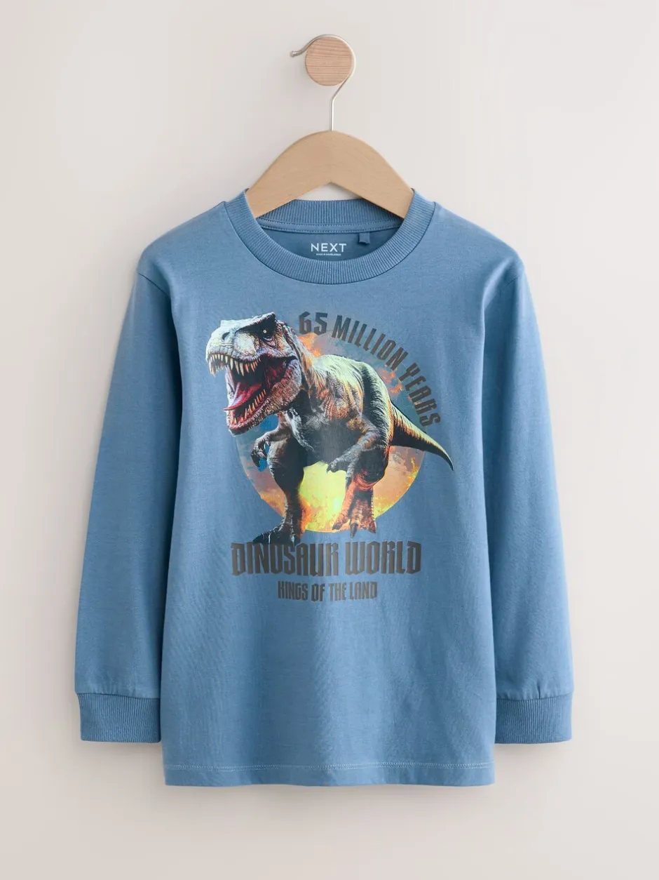 T-Shirts|Tops|Next - Bedrukte T-shirts met lange mouwen verpakking van 3 (3 - 16 jr) Marineblauw/blauw/ecru dinosaurus