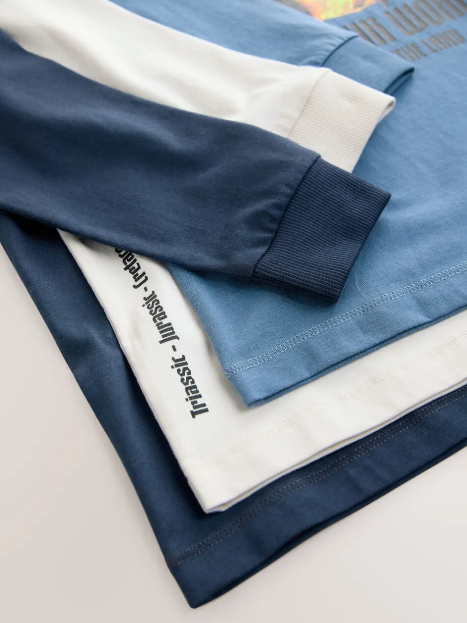 T-Shirts|Tops|Next - Bedrukte T-shirts met lange mouwen verpakking van 3 (3 - 16 jr) Marineblauw/blauw/ecru dinosaurus