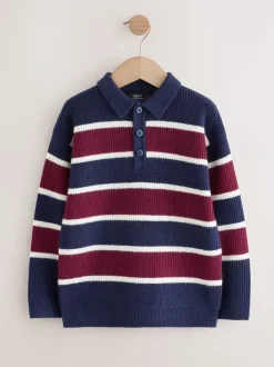 Truien En Breisels|Next - Gebreid rugbyshirt (3-16jr) Marineblauw/bordeauxrood gestreept
