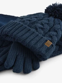 Mutsjes En Antikrabwantjes|Mutsen, Handschoenen En Sjaals|Next - Hoed, Handschoenen & Sjaals 3 delige Set (3-16jaar) Marineblauwe kabelgebreide trui