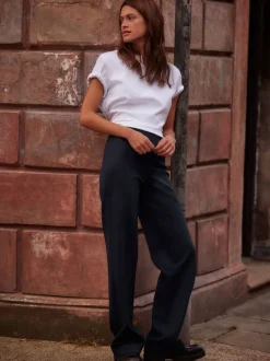 Broeken|Next - Smoothing Ponte Jersey Broek met Wijde Pijpen Marineblauwe krijtstreep