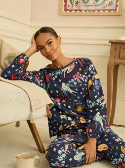 Pyjama's|Loungewear|Love & Roses - Jersey Long Sleeve Pyjamas Set Marineblauwe print