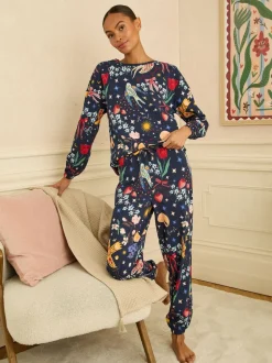 Pyjama's|Loungewear|Love & Roses - Jersey Long Sleeve Pyjamas Set Marineblauwe print