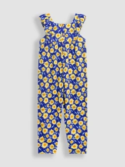 Jumpsuits En Playsuits*Jojo Maman Bébé - jumpsuit met ruches vooraan Marineblauwe zonnebloem