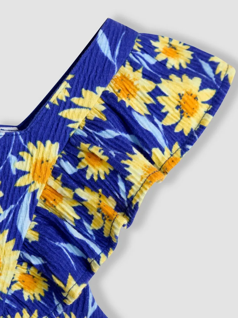 Jumpsuits En Playsuits*Jojo Maman Bébé - jumpsuit met ruches vooraan Marineblauwe zonnebloem