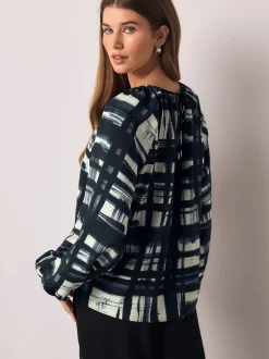 Blouses En Overhemden*Next - Keyhole Detail Relaxed Long Sleeve Blouse Marineblauw/ecru geruit
