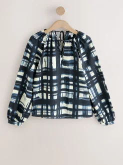 Blouses En Overhemden*Next - Keyhole Detail Relaxed Long Sleeve Blouse Marineblauw/ecru geruit