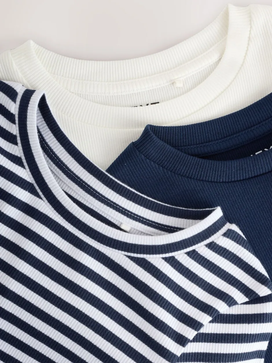Tops|T-Shirts|Next Marineblauwe/witte strepen - Verpakking van 3 geribbelde tops met lange mouwen (3-16jr)