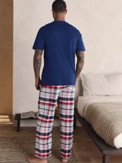 Pyjama's|Loungewear*Next Marineblauw/grijs - Geruite geweven pyjamaset met korte mouwen