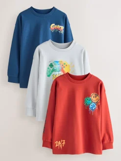 T-Shirts|Tops*Next Marineblauw/grijs/rood Gamer - 3 Relaxed Fit T-shirts met grafische print en lange mouwen (3-16jr)