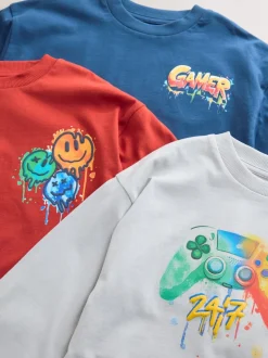 T-Shirts|Tops*Next Marineblauw/grijs/rood Gamer - 3 Relaxed Fit T-shirts met grafische print en lange mouwen (3-16jr)