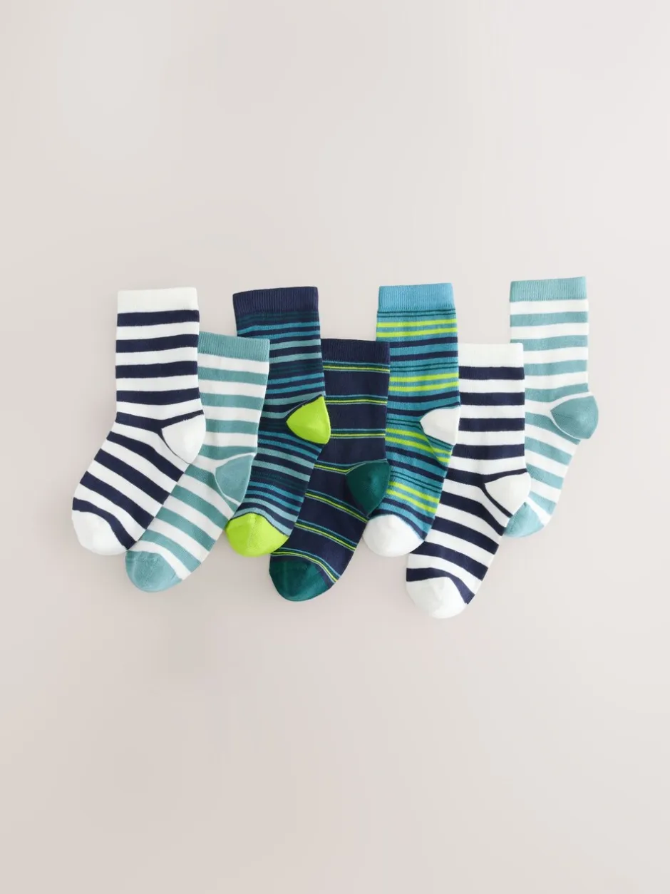 Sokken*Next Marineblauw/groene strepen - Verpakking van 7 paar sokken met hoog aandeel katoen