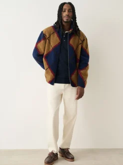 Loungewear|Jassen En Jacks|Next - Volledig doorlopende rits - Fleece trui met print Marineblauw/Lichtbruin/Bruin Argyle