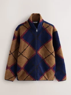 Loungewear|Jassen En Jacks|Next - Volledig doorlopende rits - Fleece trui met print Marineblauw/Lichtbruin/Bruin Argyle