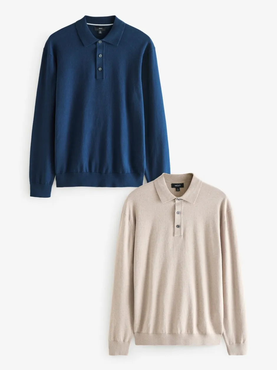Poloshirts|T-Shirts En Hemden*Next - Gebreide poloshirts met lange mouwen 2 -pack Marineblauw/naturel