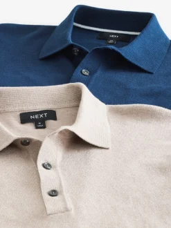 Poloshirts|T-Shirts En Hemden*Next - Gebreide poloshirts met lange mouwen 2 -pack Marineblauw/naturel