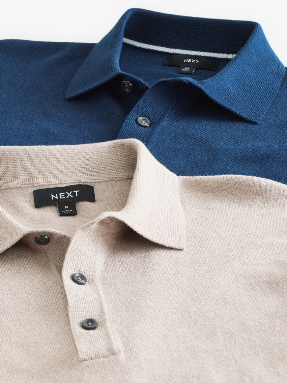 Poloshirts|T-Shirts En Hemden*Next - Gebreide poloshirts met lange mouwen 2 -pack Marineblauw/naturel