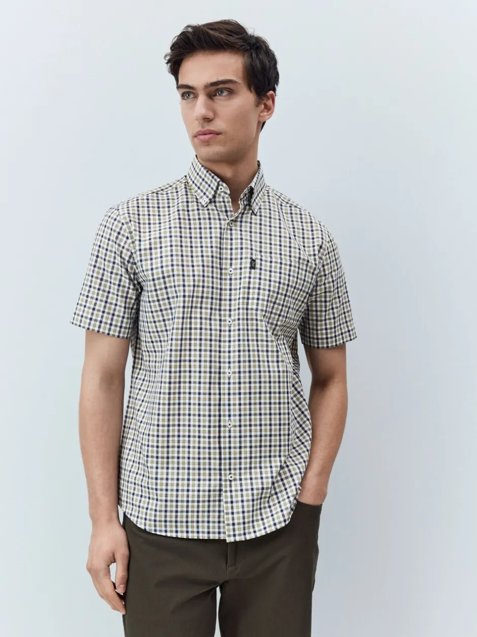 Shirts|Next Marineblauw/neutrale gingham-ruit - Strijvrij Oxford overhemd met korte mouwen en knopen