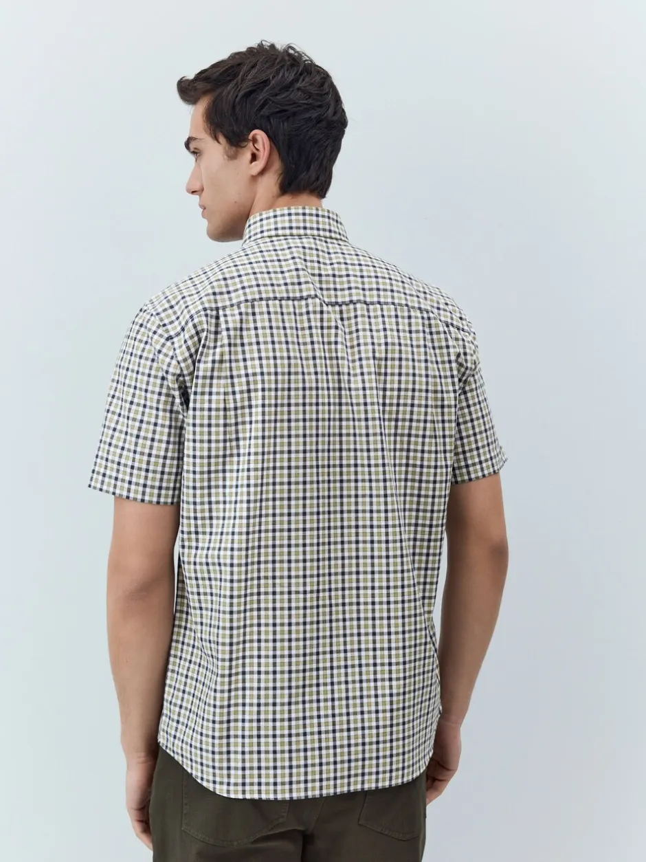 Shirts|Next Marineblauw/neutrale gingham-ruit - Strijvrij Oxford overhemd met korte mouwen en knopen