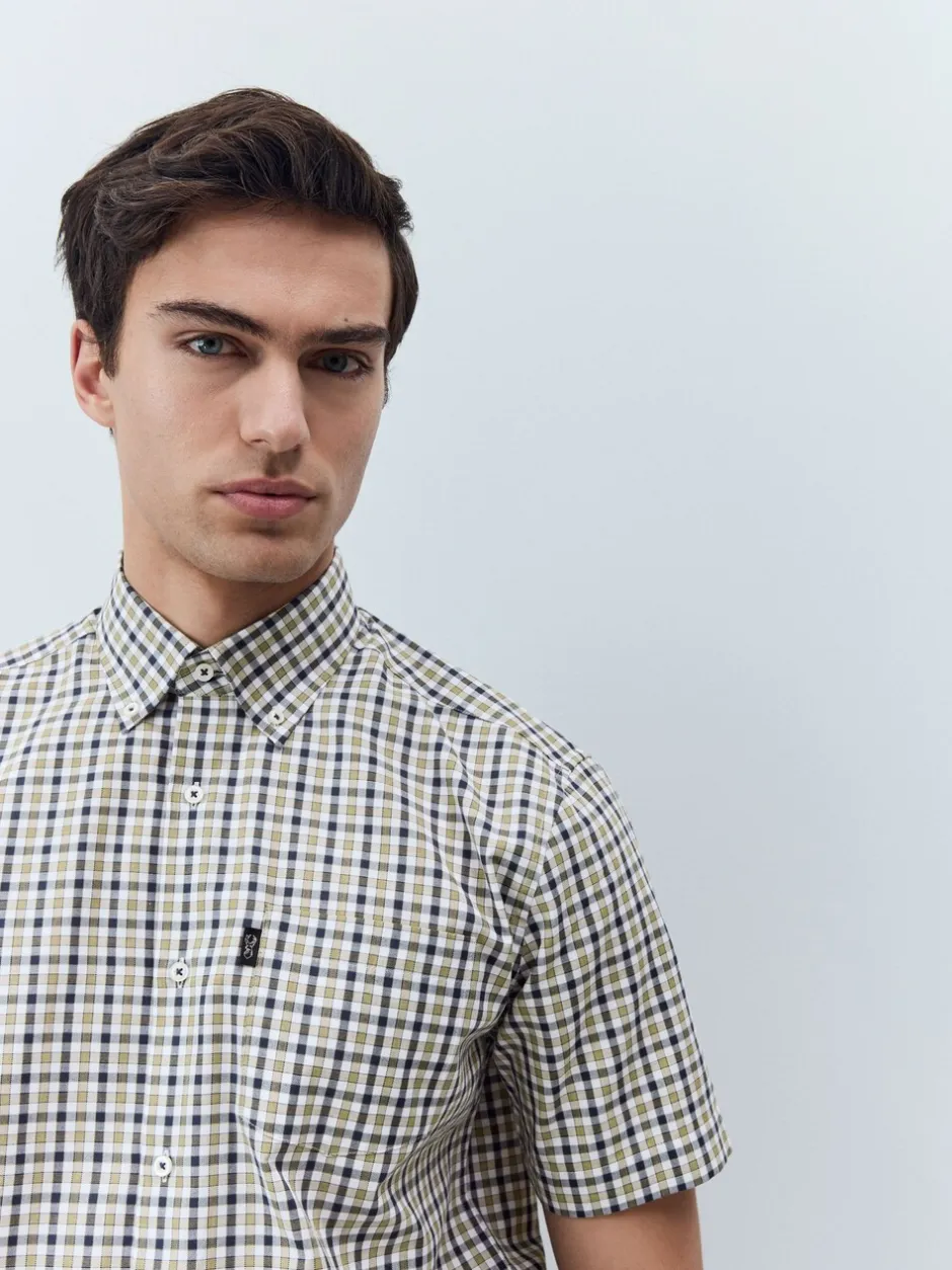 Shirts|Next Marineblauw/neutrale gingham-ruit - Strijvrij Oxford overhemd met korte mouwen en knopen