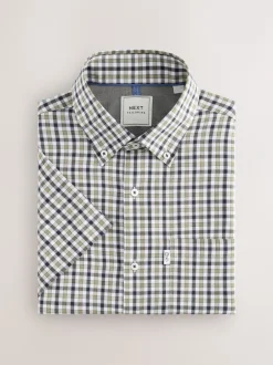 Shirts|Next Marineblauw/neutrale gingham-ruit - Strijvrij Oxford overhemd met korte mouwen en knopen