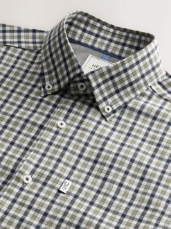 Shirts|Next Marineblauw/neutrale gingham-ruit - Strijvrij Oxford overhemd met korte mouwen en knopen