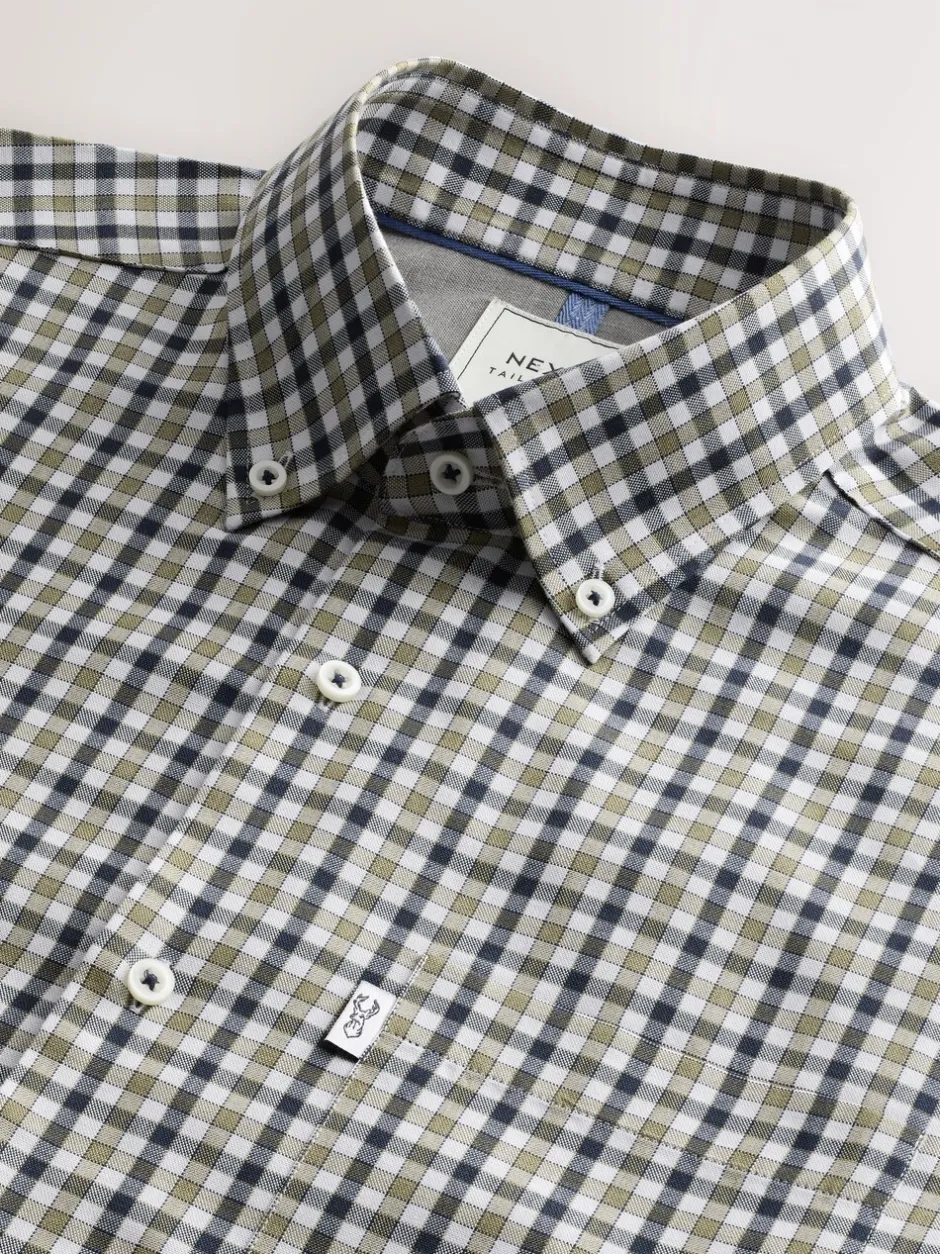 Shirts|Next Marineblauw/neutrale gingham-ruit - Strijvrij Oxford overhemd met korte mouwen en knopen