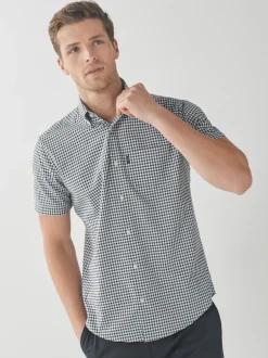 Shirts*Next Marineblauw-wit ginghamruitje - Strijvrij Oxford overhemd met korte mouwen en knopen
