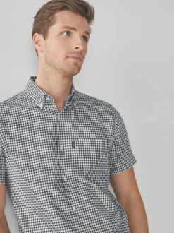 Shirts*Next Marineblauw-wit ginghamruitje - Strijvrij Oxford overhemd met korte mouwen en knopen