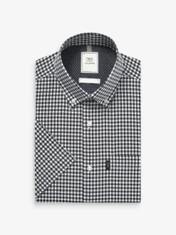 Shirts*Next Marineblauw-wit ginghamruitje - Strijvrij Oxford overhemd met korte mouwen en knopen