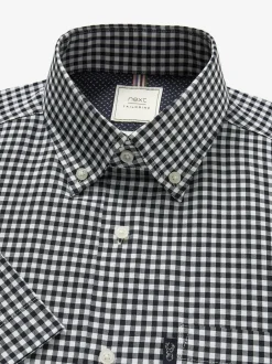 Shirts*Next Marineblauw-wit ginghamruitje - Strijvrij Oxford overhemd met korte mouwen en knopen
