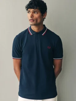 Poloshirts*Fred Perry Marineblauw/wit/rood - poloshirt met gestreepte rand