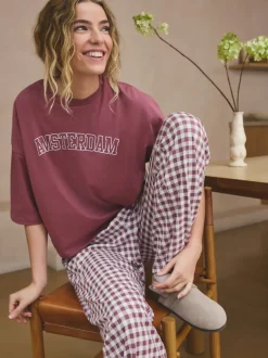 Pyjama's|Alle Nacht- En Loungekleding*Next Mauve-paars geruit - Katoenen pyjama met korte mouw