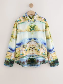 Blouses En Overhemden|Tops En T-Shirts*Next - Relaxed Long Sleeve Shirt With Linen Meerkleurige schilderachtige print
