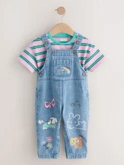 Rompertjes En Tuinbroeken|Tuinbroeken|Next Mid Blue Cat - Printed Denim Dungarees (3mths-7yrs)
