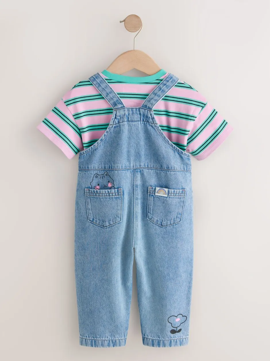 Rompertjes En Tuinbroeken|Tuinbroeken|Next Mid Blue Cat - Printed Denim Dungarees (3mths-7yrs)