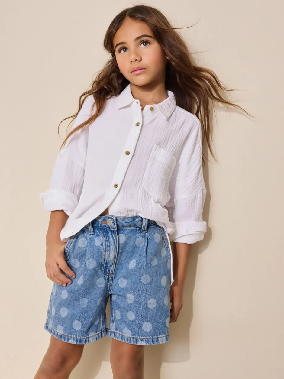Shorts En Rokken*Next - Relaxed Denim Pleated Shorts (3-16yrs) Mid Blue Spot print
