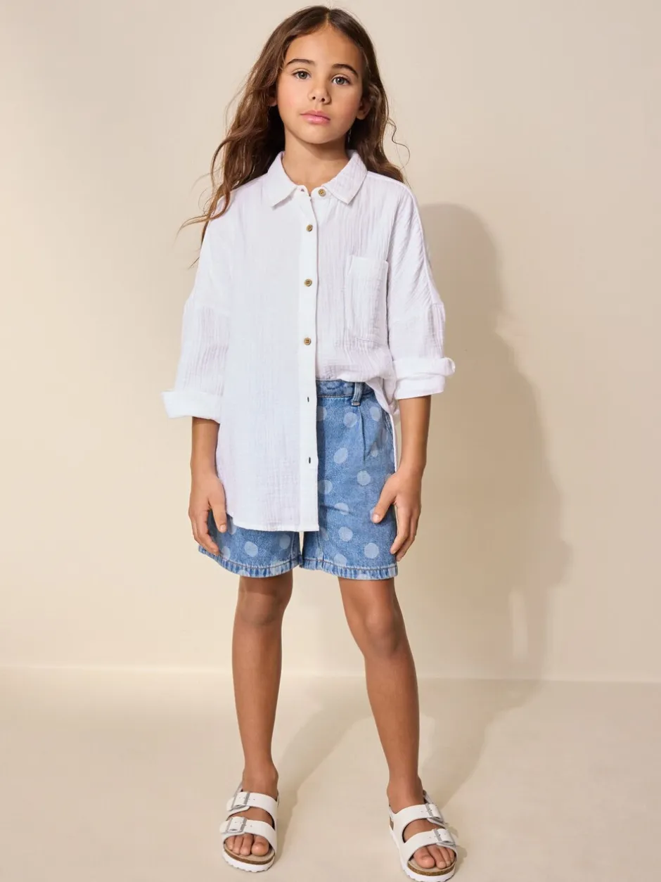 Shorts En Rokken*Next - Relaxed Denim Pleated Shorts (3-16yrs) Mid Blue Spot print