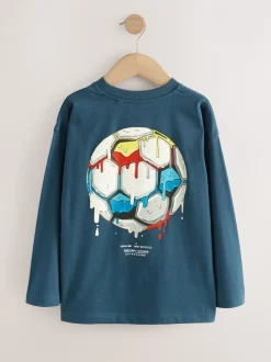 T-Shirts|Tops|Next Middelblauw voetbal - Relaxed Fit Graphic Long Sleeve Cotton T-Shirt (3-16yrs)