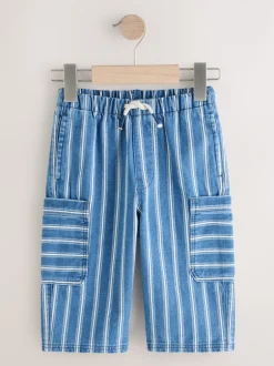 Jeans En Joggingbroeken|Jeans*Next - 100% katoenen cargobroek met wijde pijpen en elastische taille (3mnd-7jr) Middelblauwe strepen