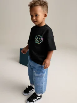Jeans En Joggingbroeken|Jeans*Next - 100% katoenen cargobroek met wijde pijpen en elastische taille (3mnd-7jr) Middenblauw denim