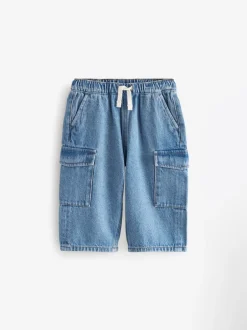 Jeans En Joggingbroeken|Jeans*Next - 100% katoenen cargobroek met wijde pijpen en elastische taille (3mnd-7jr) Middenblauw denim