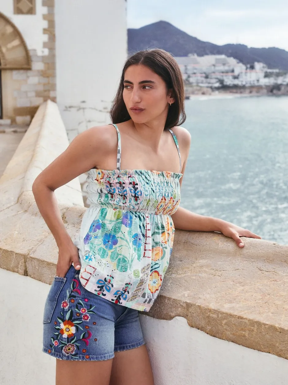 Shorts*Next - Denim shorts voor jongens Middenblauw met bloemenborduursel