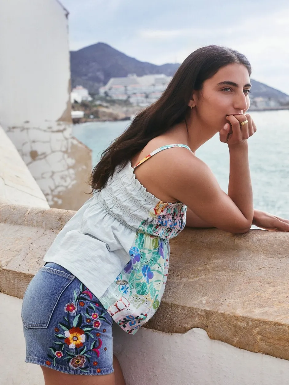 Shorts*Next - Denim shorts voor jongens Middenblauw met bloemenborduursel