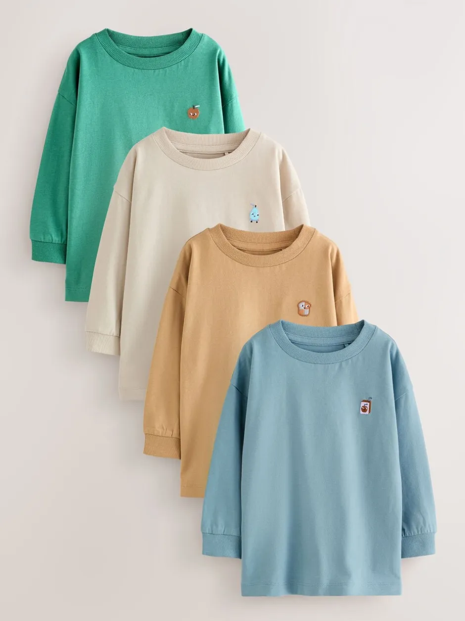 Tops|Multipacks*Next - Set van 4 T-shirts met grafische print en lange mouwen (3mnd-7jr) Mineralen Voedsel Personage Borduren