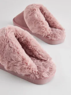 Pantoffels|Loungewear|Next Mink roze - Met imitatiebont gevoerde suède pantoffelmuiltjes